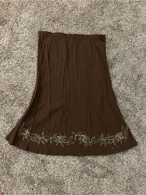 Fairycore Brown Floral Hem A-Line Skirt with Green and Gold Embellishment
